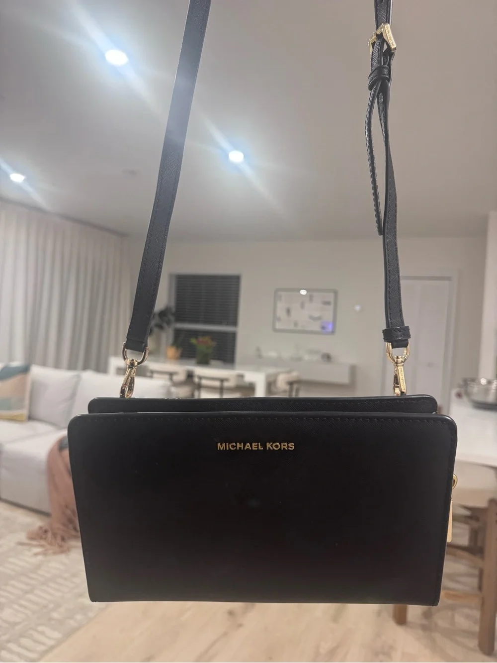 Michael Kors Black Leather Convertible Crossbody with Gold Hardware